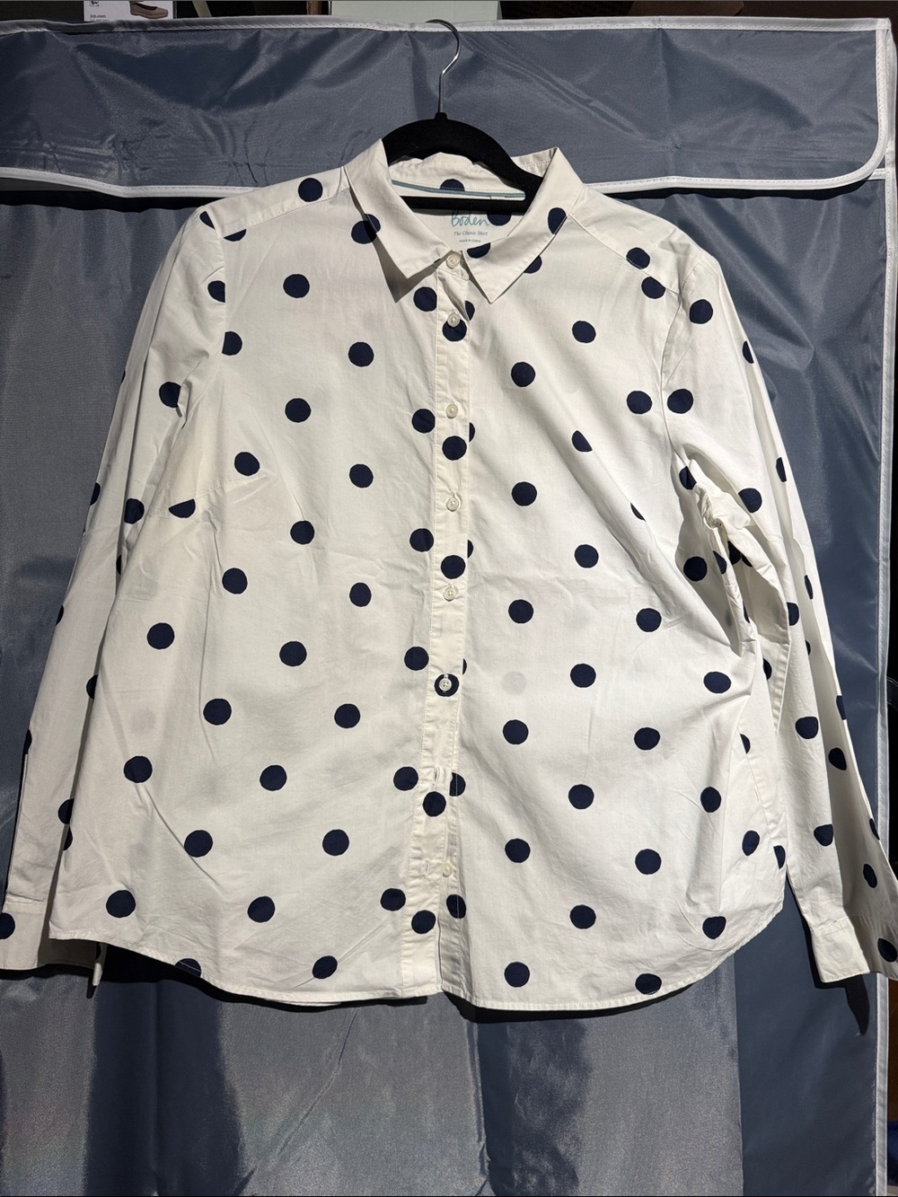 Boden White Button-Down Shirt with Navy Polka Dots